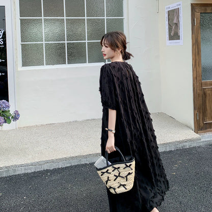 【ワンピース】切り替え 夏新作 ヘップバーン風 シンプルゆったり 半袖ワンピース