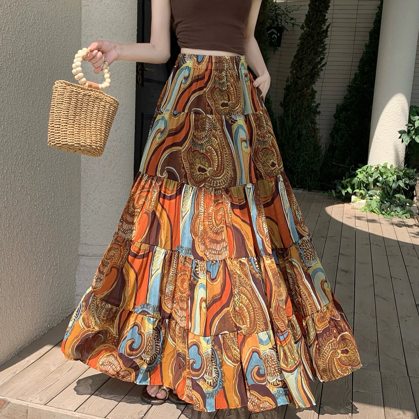 【ボトムス】リゾート花柄シフォンスカート レディース 夏 ティアードロングスカート ハイウエスト ふんわり揺れる フェミニン【SHシリーズ】