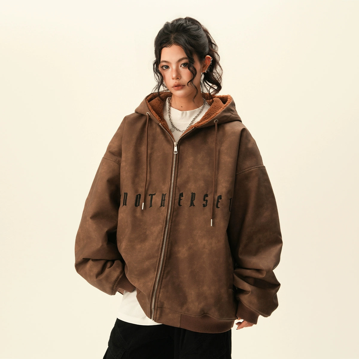 【アウター】春 秋 冬 スエード調 ルーズテイスト アルファベット刺繍 裏起毛 ジャケット 【FCシリーズ】