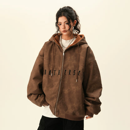 【アウター】春 秋 冬 スエード調 ルーズテイスト アルファベット刺繍 裏起毛 ジャケット 【FCシリーズ】