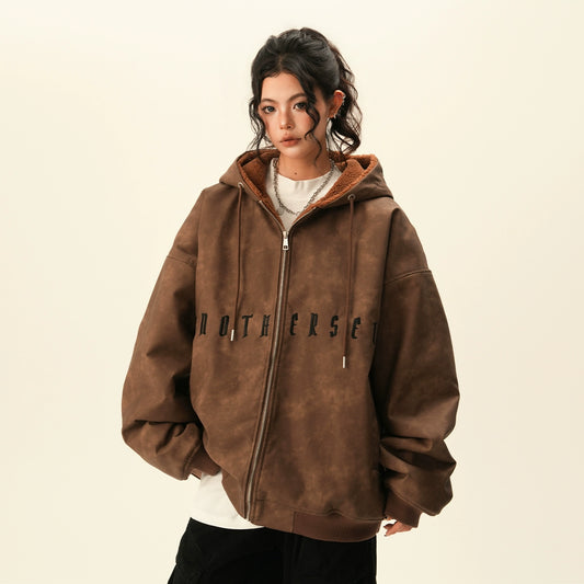 【アウター】春 秋 冬 スエード調 ルーズテイスト アルファベット刺繍 裏起毛 ジャケット 【FCシリーズ】