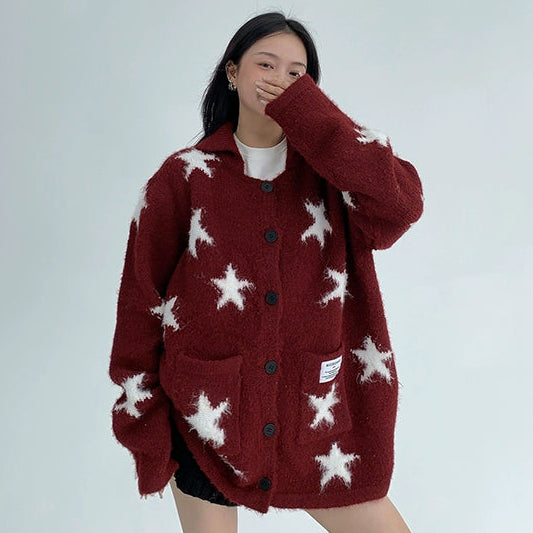 【アウター】韓国風 レトロ 星柄 合わせやすい oversize ニットセーター ジャケット【FCシリーズ】