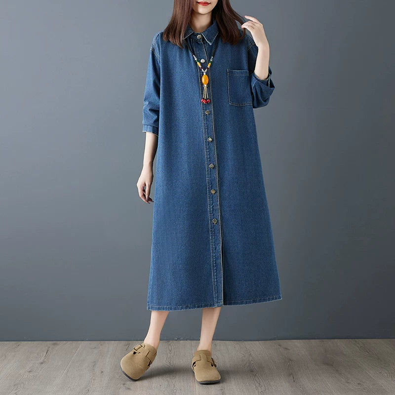 【ワンピース】春新作 シンプル レトロ 長袖 シャツワンピース ストレートシルエット 細見え ロング丈 デニムワンピース レディース【JZシリーズ】