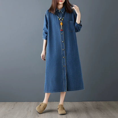 【ワンピース】春新作 シンプル レトロ 長袖 シャツワンピース ストレートシルエット 細見え ロング丈 デニムワンピース レディース【JZシリーズ】