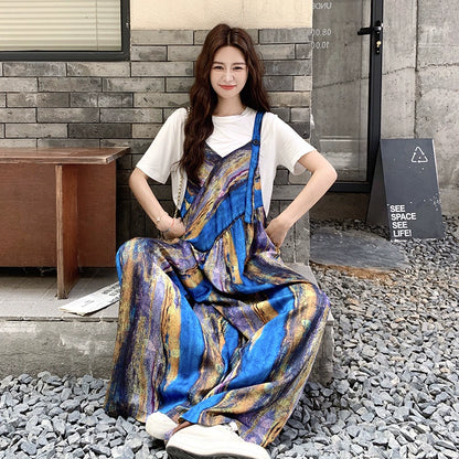 【ボトムス】夏 フレンチバカンス風 タイダイ油絵プリント オールインワン【SHシリーズ】