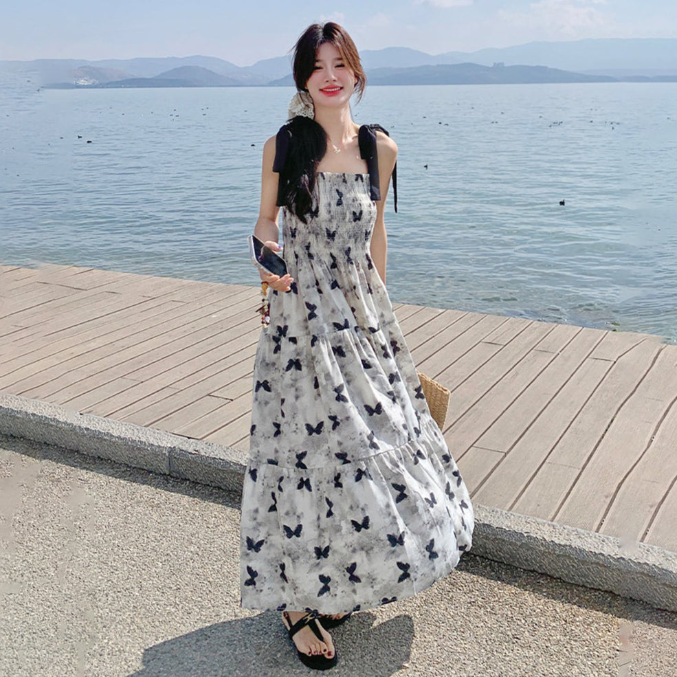 【ワンピース】夏 優しくかわいらしい 水墨蝶柄 カラーブロック ノースリーブワンピース【SHシリーズ】