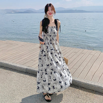 【ワンピース】夏 優しくかわいらしい 水墨蝶柄 カラーブロック ノースリーブワンピース【SHシリーズ】