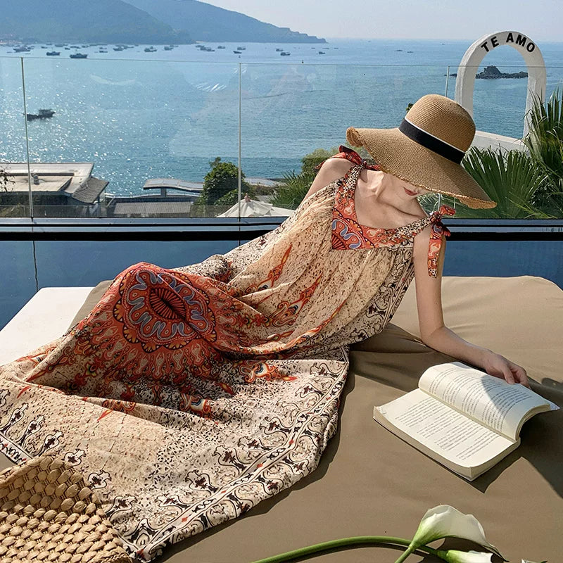 【ワンピース】ボヘミアン風 キャミワンピース レディース 夏 リゾートワンピース ロング丈 ノースリーブ 大人可愛い 海コーデ【SHシリーズ】