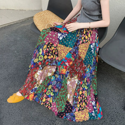 【ボトムス】ボヘミアン エスニックテイスト 小花柄 ドーパミンカラー スカート 【SHシリーズ】