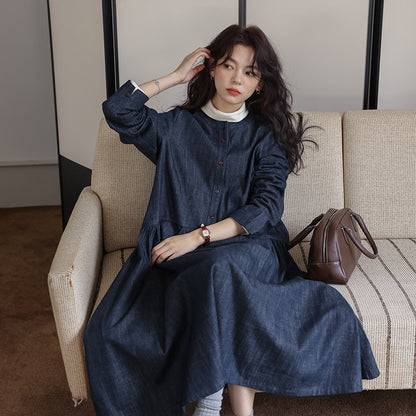 【ワンピース】秋 長袖ワンピース レディース デニム 丸首 ゆったり ミディ丈 森ガール風 文芸 ナチュラル コーデ【JZシリーズ】