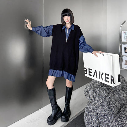 【ワンピース】デニム切り替えニットワンピース レディース 秋冬新作 ゆったりシルエット カジュアル長袖セーター ワンピース【AHシリーズ】