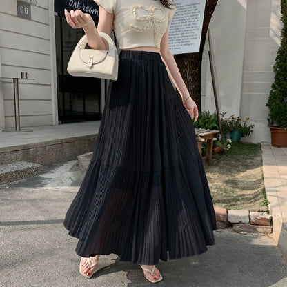 【ボトムス】ドレープ感 ハイウエスト フレアAライン シフォン ケーキプリーツスカート【JZシリーズ】