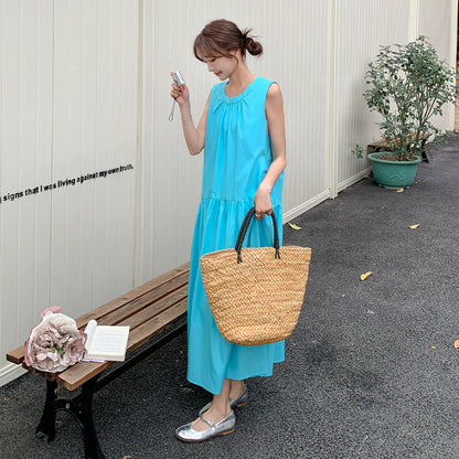 【ワンピース】リゾートワンピース レディース ブルー ノースリーブ ロング丈 ゆったりシルエット 上品 カジュアル【JZシリーズ】