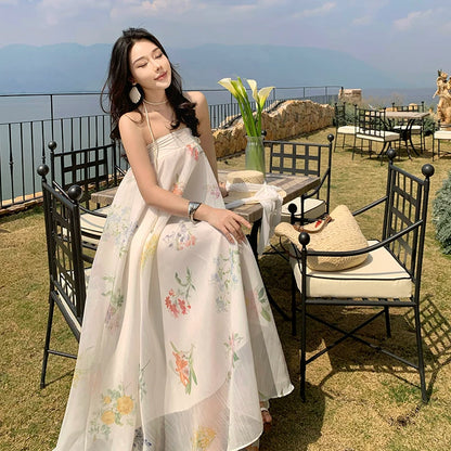 【ワンピース】プリント柄 ベアトップワンピース レディース 夏 リゾート風 ノースリーブ ロングワンピース ゆったり フェミニン【SHシリーズ】