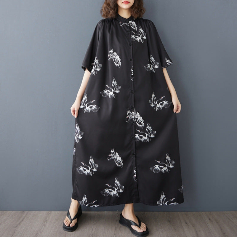 【ワンピース】白鶴の柄 レトロ ゆったりサイズ スタンドカラー 半袖 ロング シャツワンピース 大きいサイズ【SHシリーズ】