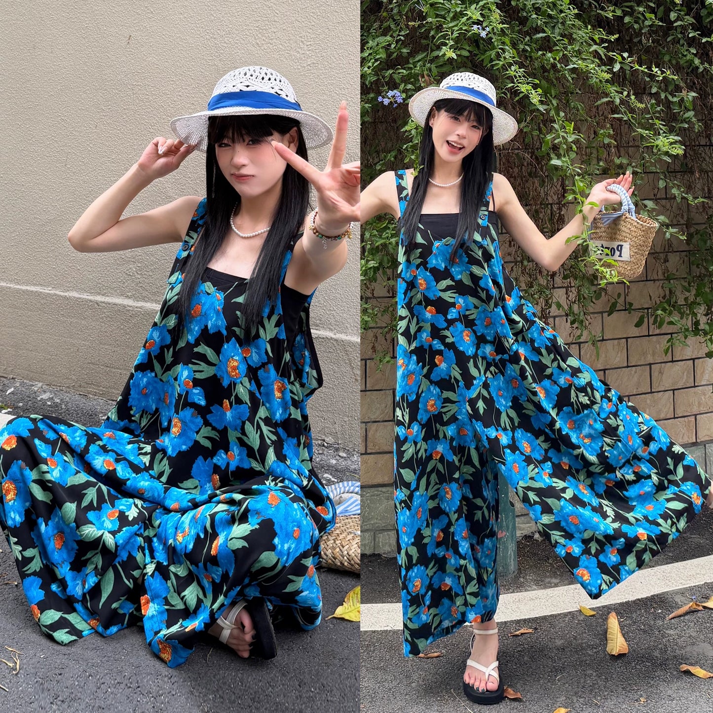【ボトムス】アイリス柄 サロペット レディース 夏 ワイドパンツ ゆったり 体型カバー オールインワン リラックスコーデ 人気【SHシリーズ】