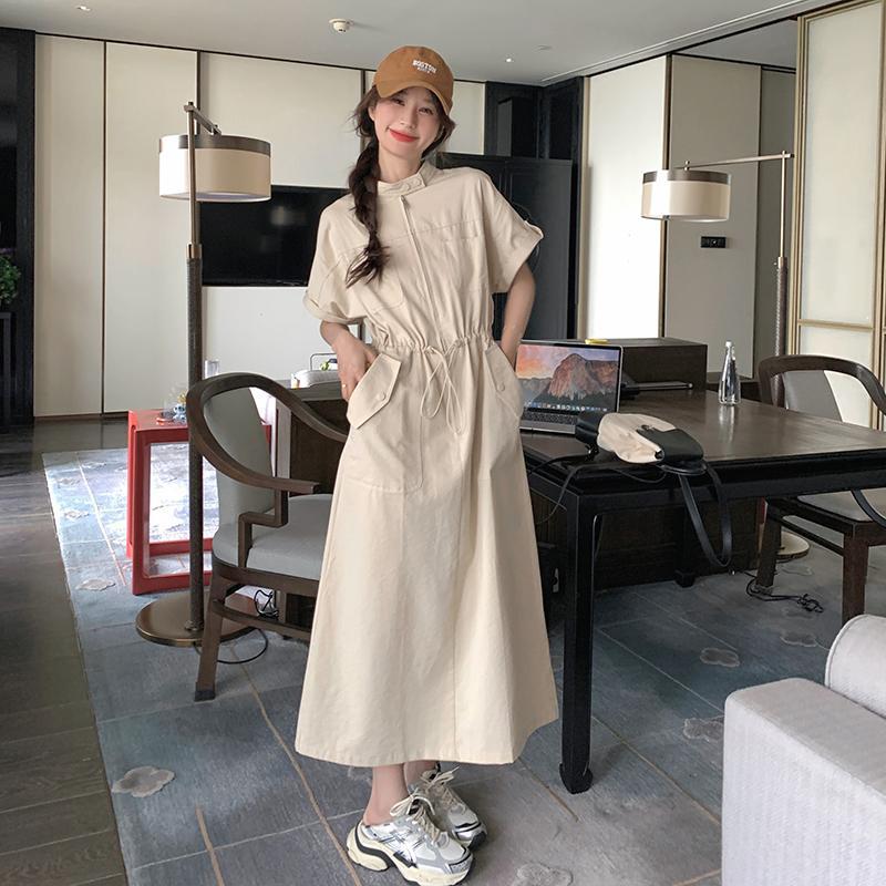 【ワンピース】韓国風ワンピース 夏 気質 ハイウエスト 半袖 ワーク風 ロングワンピース【JZシリーズ】