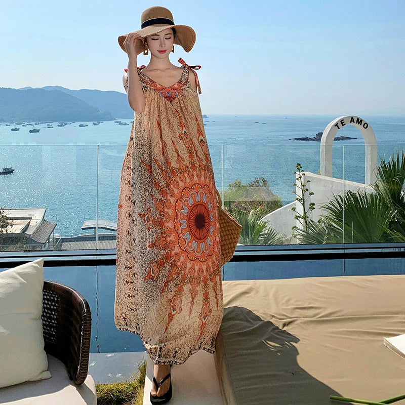 【ワンピース】ボヘミアン風 キャミワンピース レディース 夏 リゾートワンピース ロング丈 ノースリーブ 大人可愛い 海コーデ【SHシリーズ】