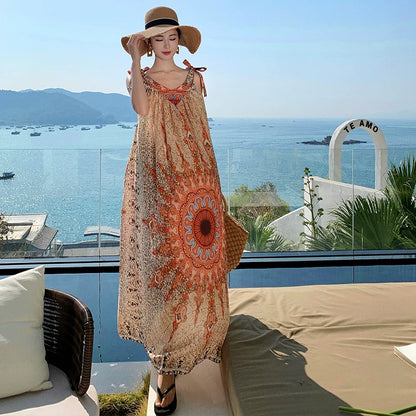 【ワンピース】ボヘミアン風 キャミワンピース レディース 夏 リゾートワンピース ロング丈 ノースリーブ 大人可愛い 海コーデ【SHシリーズ】