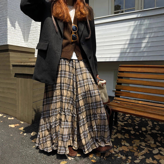 【ボトムス】秋冬新作 レトロ チェック柄 ロングスカート レディース 細見え フレア 大人可愛い【SHシリーズ】