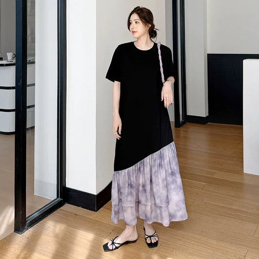 【ワンピース】アシンメトリー 水墨風 タイダイ 半袖 花柄 ワンピース 【SHシリーズ】