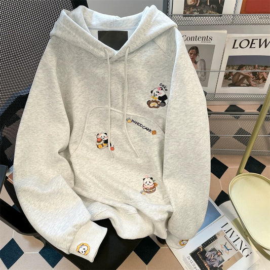 【トップス】韓国風 カレッジテイスト 🐼パンダ刺繍 裏起毛 厚手 フード付きスウェット レディース 冬 Panda【FCシリーズ】