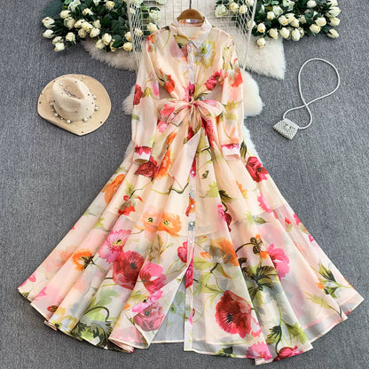 【ワンピース】長袖 花柄ワンピース 襟付き ウエストリボン フレアロング アシンメトリー 着痩せ エレガント リゾートワンピ【SHシリーズ】