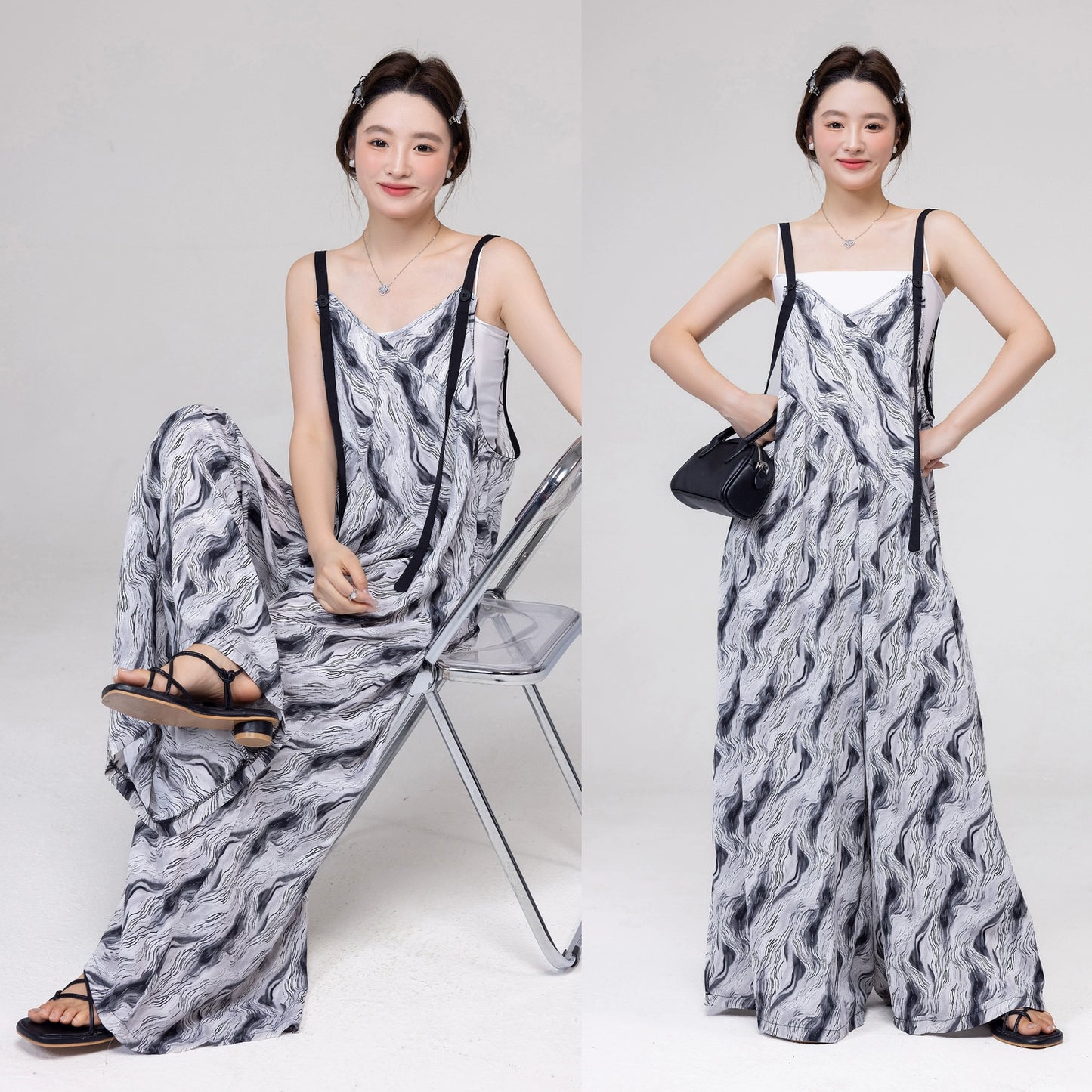 【ボトムス】ハイエンドレトロ感 水波模様グラデーションサロペット ゆったりVネック オールインワン 夏新作【SHシリーズ】