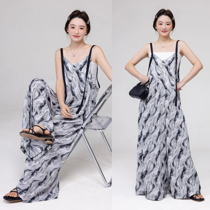 【ボトムス】ハイエンドレトロ感 水波模様グラデーションサロペット ゆったりVネック オールインワン 夏新作【SHシリーズ】