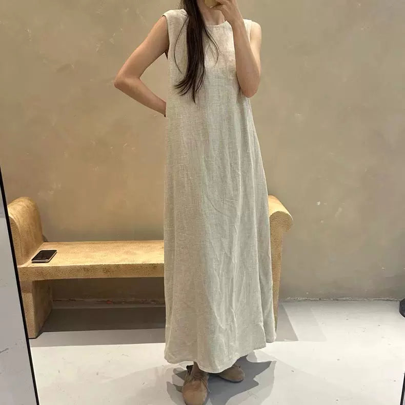 期間限定⭐️60%OFF【ワンピース】レトロ 無地 リネンコットン ミディ丈 キャミワンピース レディース 夏新作 ミニマル ノースリーブ 上品 ゆったり ノースリーブ ワンピース【JZシリーズ】