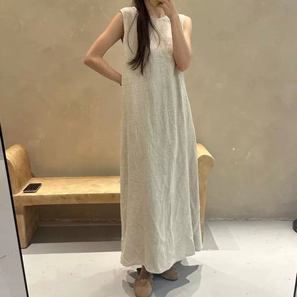 期間限定⭐️60%OFF【ワンピース】レトロ 無地 リネンコットン ミディ丈 キャミワンピース レディース 夏新作 ミニマル ノースリーブ 上品 ゆったり ノースリーブ ワンピース【JZシリーズ】