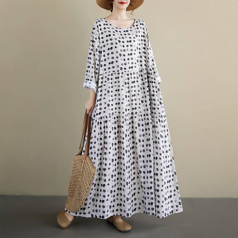 【ワンピース】レトロドット柄プリーツワンピース レディース 秋新作 長袖 クルーネック ゆったり 大人可愛い【SHシリーズ】