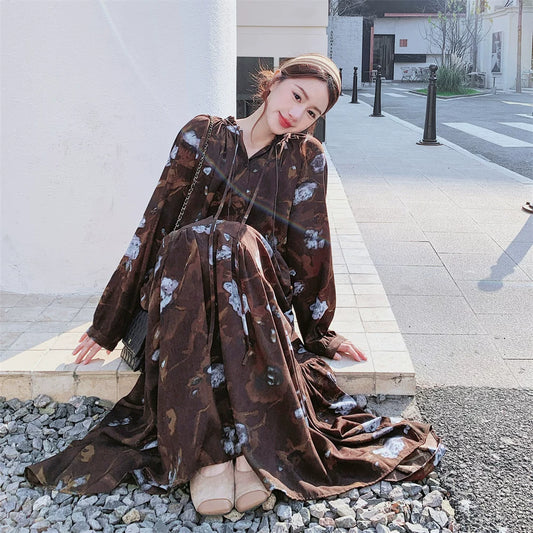 【ワンピース】配色花柄ワンピース 長袖 レディース ヴィンテージ風 ゆったりシルエット デザインロングドレス 春秋スタイル【SHシリーズ】