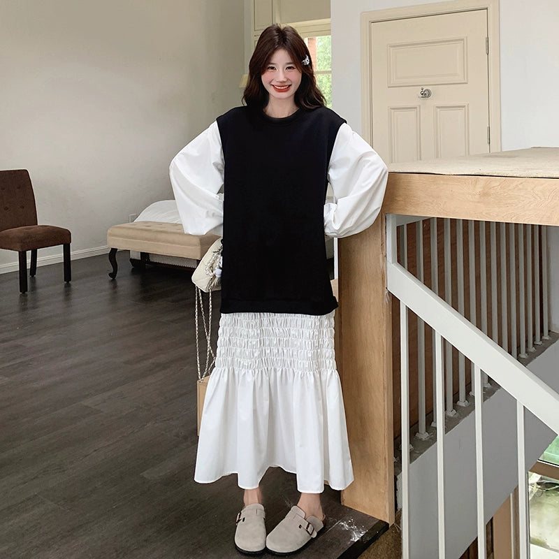 【ワンピース】レイヤード風 スウェットワンピース レディース ゆったり 体型カバー カジュアル ロング丈 長袖ワンピース 冬向け【JZシリーズ】