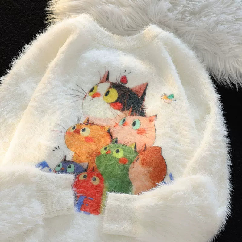 【トップス】ゆったり 小众 上品 クルーネック フェイクミンクニット レディース 猫 ニットセーター
