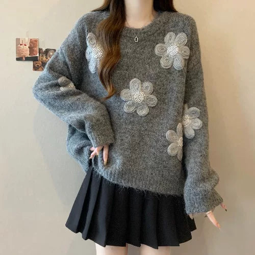 【トップス】高級感 刺繍 プラスサイズ 着痩せ ニットセーター