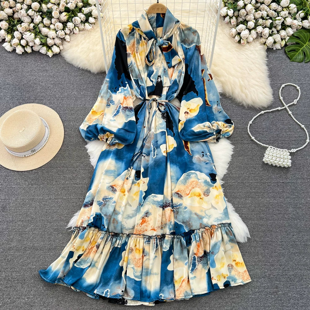 【60%OFF⭐️早い者勝ち】【ワンピース】リボン ウエストマーク Aライン フレア フリル プリント 長袖 ワンピース 【SHシリーズ】