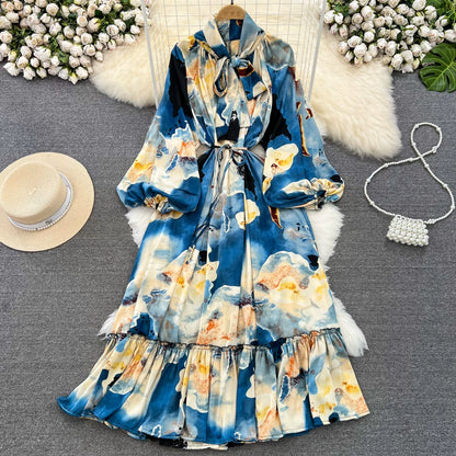 【60%OFF⭐️早い者勝ち】【ワンピース】リボン ウエストマーク Aライン フレア フリル プリント 長袖 ワンピース 【SHシリーズ】