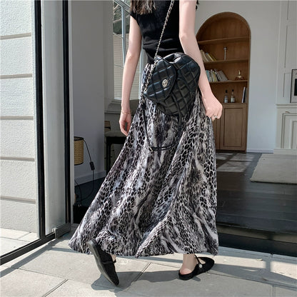 【ボトムス】レトロヒョウ柄スカート トレンド感 ゆったり フレアロングスカート 垂れ感シフォンAラインスカート【SHシリーズ】