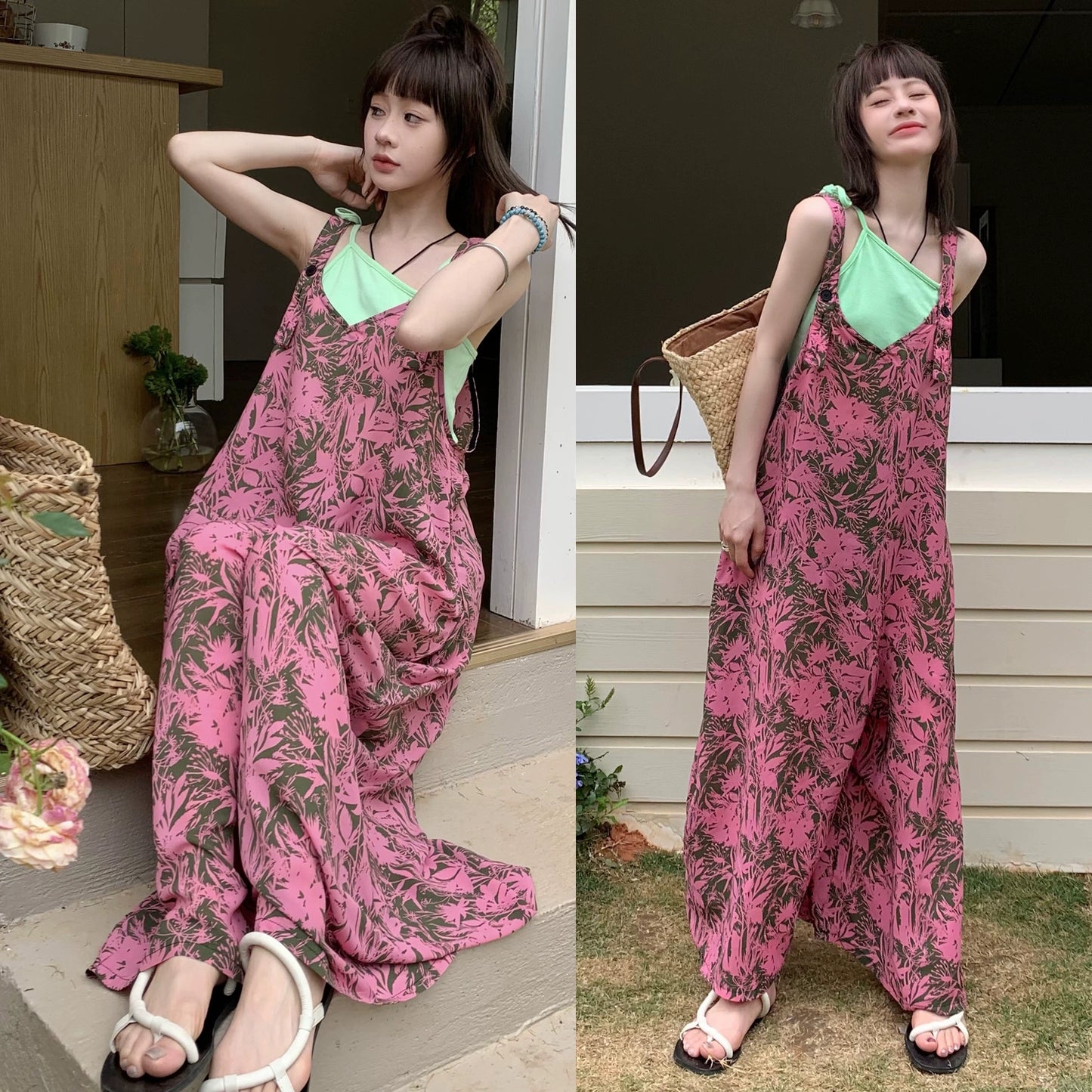 【ボトムス】夏新作 ゆったりカジュアル ラフ Vネック オールインワン【SHシリーズ】