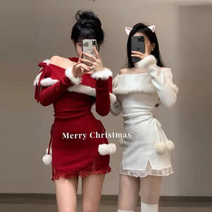 【クリスマス】セクシー クリスマス風 オフショルダー ファーワンピース 誕生日ミニドレス