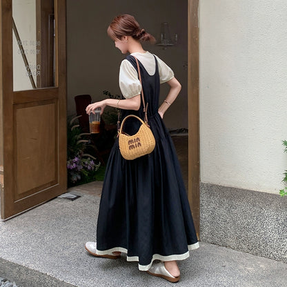 2点セット！【セットアップ】夏人気 若見えコーデ サロペットワンピース＋トップス 2点セット レディース フレンチ風 上品ロング丈セットアップ【JZシリーズ】