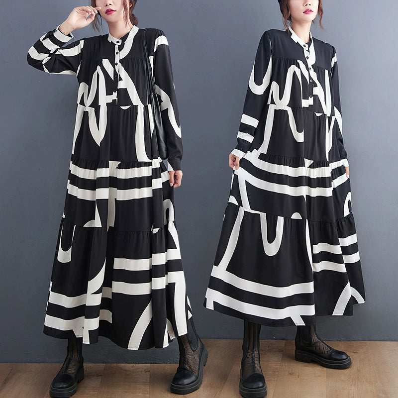 【ワンピース】春 秋 冬プリント 体型カバ 長袖 ワンピース 【SHシリーズ】