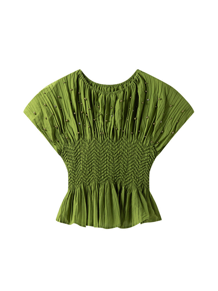 【トップス】夏 ビジュー付き プリーツデザイン クルーネック ブラウス 【SHシリーズ】