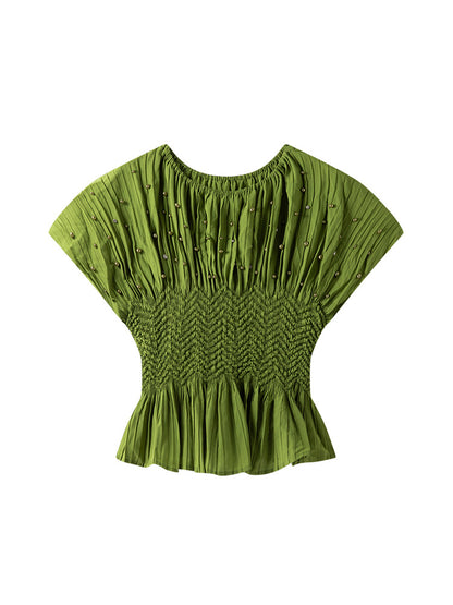 【トップス】夏 ビジュー付き プリーツデザイン クルーネック ブラウス 【SHシリーズ】