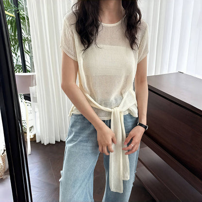 【トップス】夏 透かし彫り 涼やか 重ね着 ラウンドネック 半袖 Ｔシャツ 【JZシリーズ】