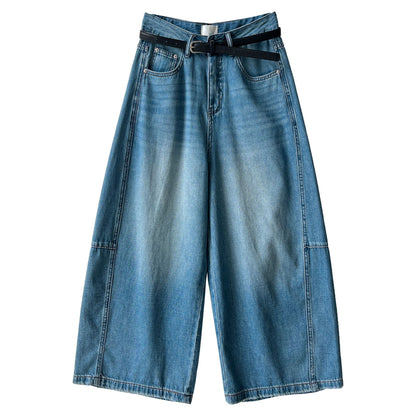 【ボトムス】ベルト付き ウォッシュドデニム ワイド クロップドパンツ 【JZシリーズ】