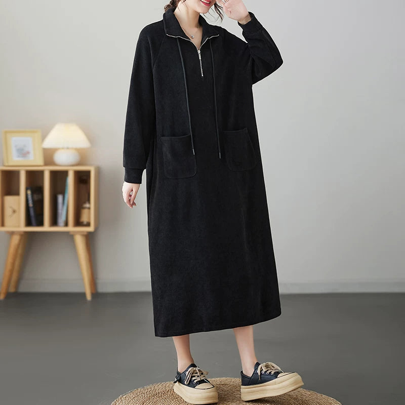 【60%OFF⭐️早い者勝ち】【ワンピース】ジップ＆ドローストリング 切替 ロングワンピース 長袖 ゆったり 大きいサイズ ポケット付き レディース【JZシリーズ】