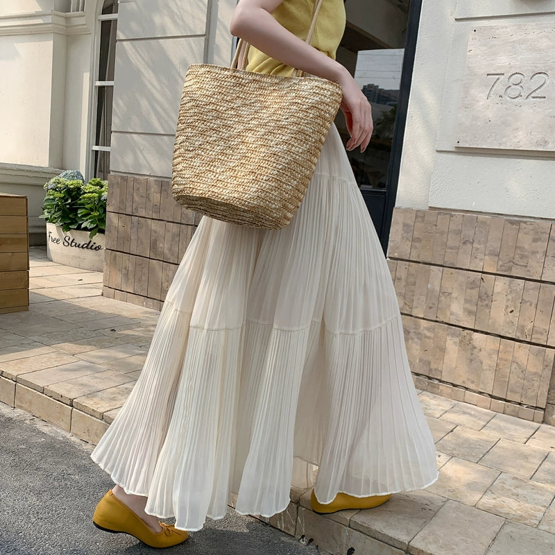 【ボトムス】ドレープ感 ハイウエスト フレアAライン シフォン ケーキプリーツスカート【JZシリーズ】