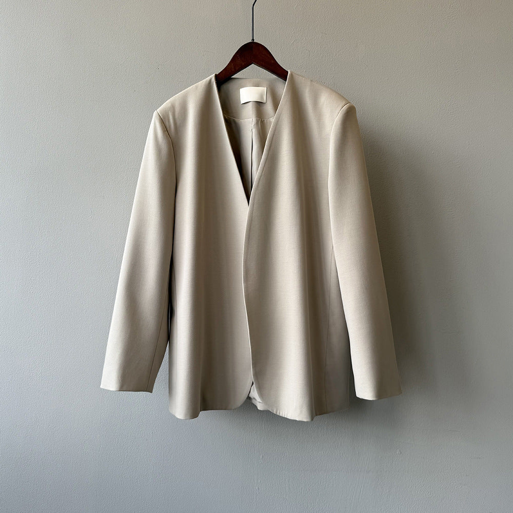 【アウター】気質 ノーカラー ジャケット レディース パッド入りショルダー 秋新作 高級感 ゆったり スーツジャケット【JZシリーズ】